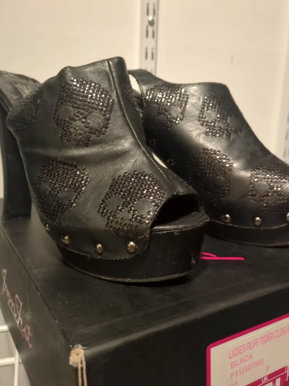 Iron Fist Black Ruff Rider Rhinestone Skull Platform Slingback Heels Size 10
